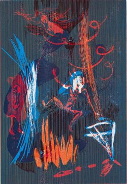 Susann Hoch: Flunkenfug in Dämmerglut, Farbholzschnitt, 2013