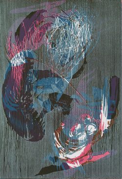 Susann Hoch: Murmelnd von nicht nimmermehr, Farbholzschnitt, 2013