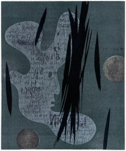 Susann Hoch: Den Halbmond überm Herzen (zu Christine Lavant), Farbholzschnitt, 2016