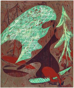 Susann Hoch: Mein Schlaf ist ins Wasser gegangen (zu Christine Lavant), Farbholzschnitt, 2016