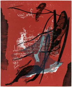 Susann Hoch: Inspite of everything (zu E.E. Cummings), Farbholzschnitt, 2014