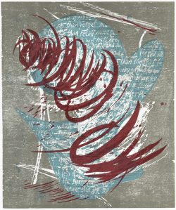 Susann Hoch: Love is more thicker than forget (blaue Variante, zu E.E. Cummings), Farbholzschnitt, 2014