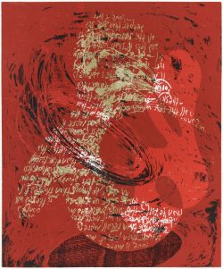 Susann Hoch: Love is more thicker than forget (rote Variante, zu E.E. Cummings), Farbholzschnitt, 2014