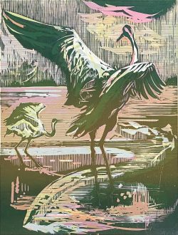 Susann Hoch: Kraniche, Farbholzschnitt, 2024